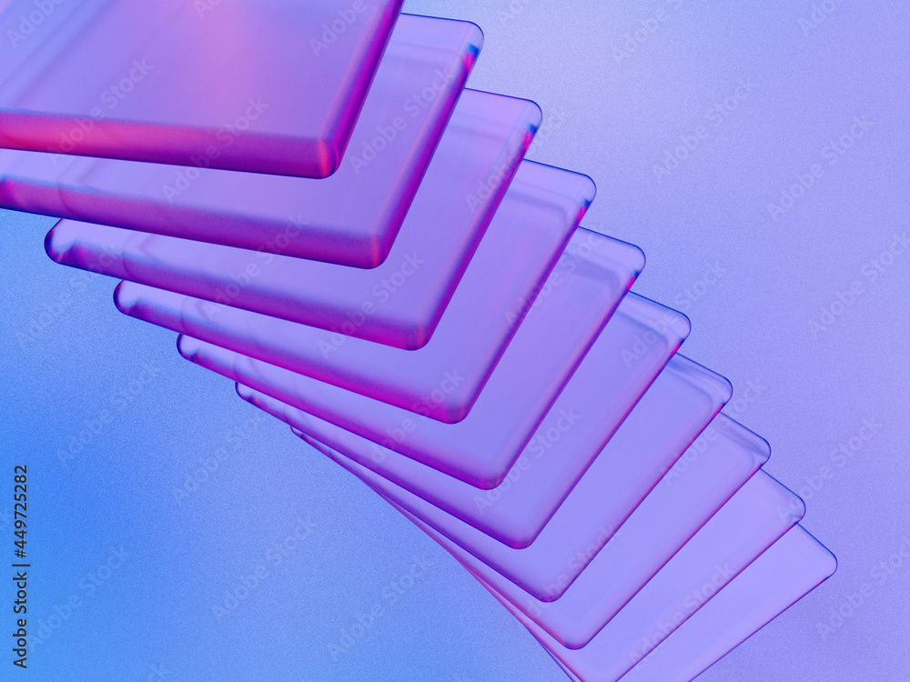 Fototapete 3D rendered squares in different sizes with a transparent material on a blue and purple background. Illustration of structured data, digital flow, or fragmental visualization. 