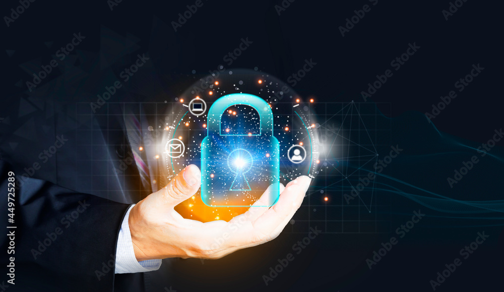 Poster cyber security data protection. holding padlock protection business data with virtual network connec