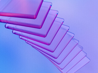 3D rendered squares in different sizes with a transparent material on a blue and purple background. Illustration of structured data, digital flow, or fragmental visualization.  - obrazy, fototapety, plakaty