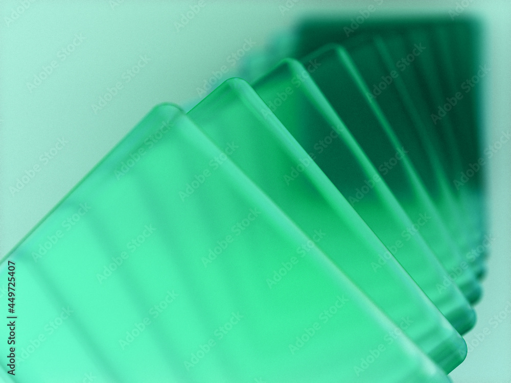 Poster 3d rendered squares in different sizes with a transparent material on a green background. illustrati