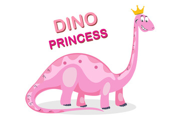 Princess dinosaur animal vector illustration. Cartoon dinosaur Pink Brachiosaurus. Pink Dinosaur for girl with dino. Dino Princess Cartoon vector.