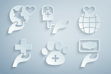 Set Veterinary clinic, Hand holding Earth globe, Heart with cross, Donation charity, Blood donation and icon. Vector