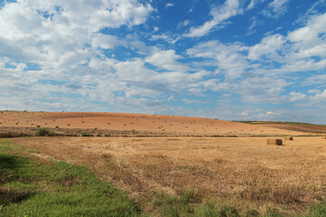 Obraz premium Beautiful landscape near Strazovice in the Czech Republic. Harvested grain in the field. Blue sky and clouds.