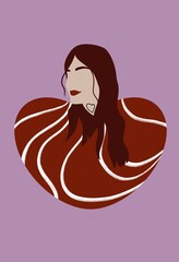 Heart, silhouette of women with long hair, red lips and tattoo. Fall in love. Valentine's day.