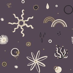 Seamless pattern with stars, rainbow, dots, sun, flowers