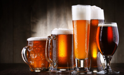 Composition with glasses of beer of various kinds