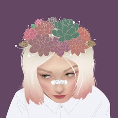 Digital Portrait of a girl with flowers on her head. Сolorful succulents.