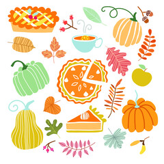 Hand drawn pumpkin pies and pumpkins. Vector thanksgiving illustration