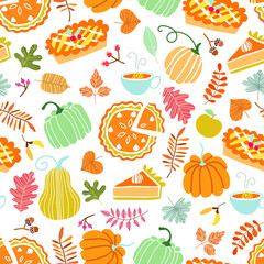 Hand drawn pumpkin pies and pumpkins seamless pattern. Vector thanksgiving background