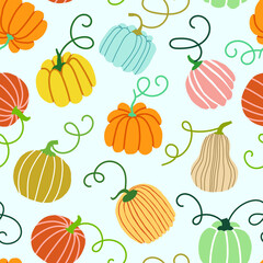 Pumpkin autumn seamless pattern on blue background. Pumpkin texture