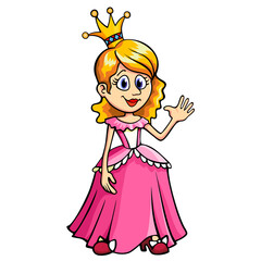 Girl Princess in a Golden crown welcome waving to us. Vector cartoon illustration