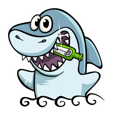 Fun and playful shark found a bottle with a treasure map in the sea. Vector illustration