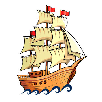 Vector cartoon illustration depicting old sailing ship floating on the waves of the blue sea.