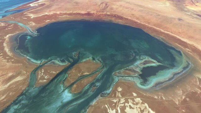 Aerial high altitude view of the Dahlak Archipelago is an island group located in the Red Sea near Massawa Eritrea Africa and consists of two large and 124 small islands 4k quality animation