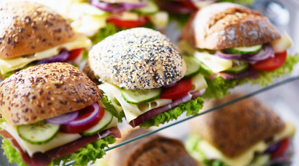 Ham and cheese sandwiches displayed for sale