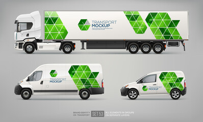 Realistic vector Van, truck trailer mockup with green branding design and corporate identity. Abstract graphic of green geometric graphics, sticker and decal design for transport © VRTX