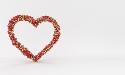 Love heart shape made of red, gold and glass spheres, on a white background.
