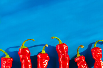 Red hot chili peppers at the bottom on a blue background with a place for an inscription. High...
