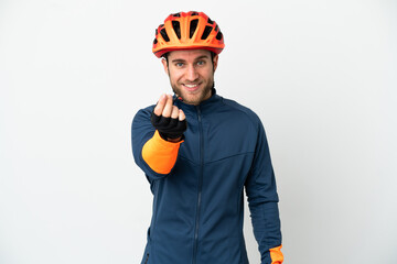 Young cyclist man isolated on white background making money gesture