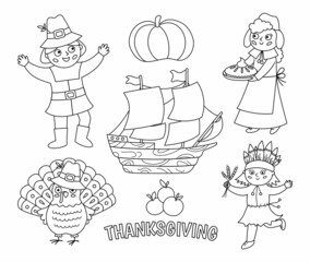 Black and white Thanksgiving Day characters set. Vector Autumn line icons collection with pilgrims, native Indian, ship, turkey, pumpkin. Cute outline fall holiday collection or coloring page.