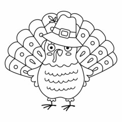 Vector black and white Thanksgiving turkey in pilgrim hat. Autumn bird line icon. Outline fall holiday animal isolated on white background..