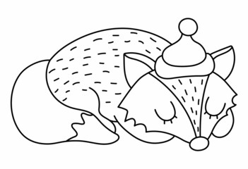 Cute black and white sleeping fox in hat. Vector outline autumn character isolated on white background. Fall season woodland animal line icon.  Funny forest or Thanksgiving Day illustration..