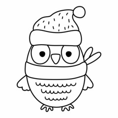 Cute black and white owl in hat and green scarf. Vector autumn bird isolated on white background. Fall season woodland animal line icon.  Funny forest or Thanksgiving Day outline illustration..
