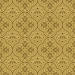 Seamless pattern with intertwining floral swirls.  Indo-Persian art. Golden, wooden background. Swatch is included.