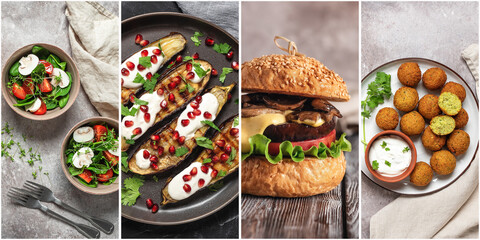 Collage of vegan and vegetarian food. Grilled eggplant with pomegranate, vegan burger, falafel and...