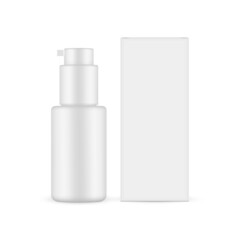 Blank Cosmetic Bottle with Dispenser, Packaging Box Mockup, Front View, Isolated on White Background. Vector Illustration