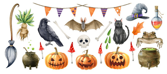 Halloween symbol single element set. Hand drawn autumn festive halloween collection. Watercolor toad, garland illustration. Scary Jack head pumpkin, black cat, bat, ghost, broom white background