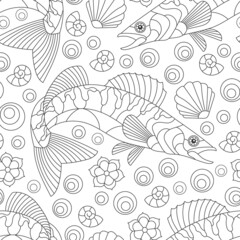 Seamless pattern with abstract dark contour fishes and shells on a white background