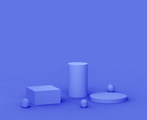 3d royal blue and purple platform minimal studio background. Abstract 3d geometric shape object illustration render.  Display for cosmetics and beauty fashion product.