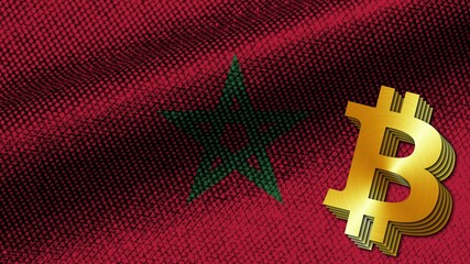 Morocco Realistic Fabric Texture Effect Wavy Flag, Gold Metalic Texture Bitcoin Icon, 3D Illustration