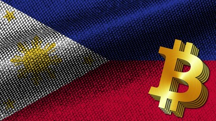 Philippines Realistic Fabric Texture Effect Wavy Flag, Gold Metalic Texture Bitcoin Icon, 3D Illustration