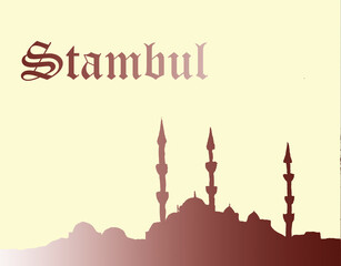 Istanbul, a fairy tale city,a dream city, a postcard with a silhouette of a blue mosque and an inscription in English, brown and sunny yellow letters
