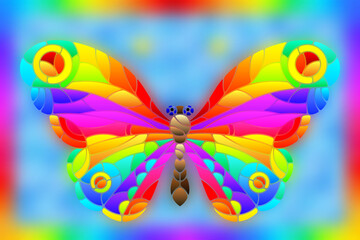 Fototapeta premium Illustration in stained glass style with a bright rainbow butterfly on a blue background in a bright frame, rectangular image