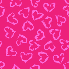 Leopard heart seamless pattern. Vector animal print. Light pink spots on bright pink background. Jaguar, leopard, cheetah, panther fur. Leopard skin imitation can be painted on clothes or fabric.