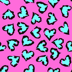 Naklejka na ściany i meble Leopard heart seamless pattern. Vector animal print. Black and turquoise spots on pink background. Jaguar, leopard, cheetah, panther fur. Leopard skin imitation can be painted on clothes or fabric.
