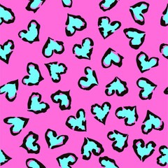 Leopard heart seamless pattern. Vector animal print. Black and turquoise spots on pink background. Jaguar, leopard, cheetah, panther fur. Leopard skin imitation can be painted on clothes or fabric.
