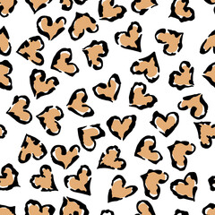 Leopard heart seamless pattern. Vector animal print. Black and beige spots on white background. Jaguar, leopard, cheetah, panther fur. Leopard skin imitation can be painted on clothes or fabric.