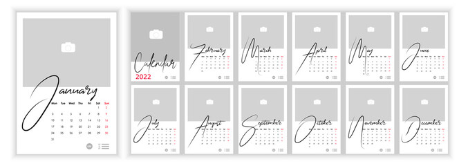 Wall Monthly Photo Calendar 2022. Simple monthly vertical photo calendar Layout for 2022 year in English. Cover Calendar, 12 months templates. Week starts from Monday. Vector illustration - obrazy, fototapety, plakaty
