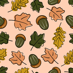 cute abstract fall seamless vector pattern background illustration with acorns and autumn leaves