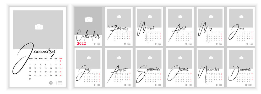 Wall Monthly Photo Calendar 2022. Simple monthly vertical photo calendar Layout for 2022 year in English. Cover Calendar, 12 months templates. Week starts from Monday. Vector illustration