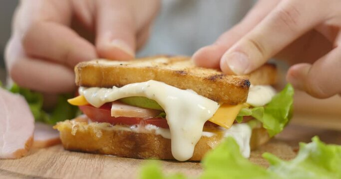 Big appetizing Sandwich with ham, ripe tomato slices and pieces of cheese, lettuce and mayonnaise sauce