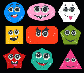 Geometric Figures with face emotion. Cute funny characters. Vector