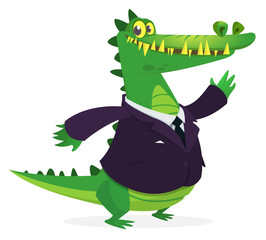Cartoon funny smiling crocodile wearing toxedo or business suit.  Vector illustration of green aligator