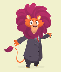 Cartoon funny smiling lion wearing toxedo or business suit.  Vector illustration
