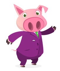 Cartoon funny smiling pig wearing toxedo or business suit