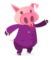 Cartoon funny smiling pig wearing toxedo or business suit